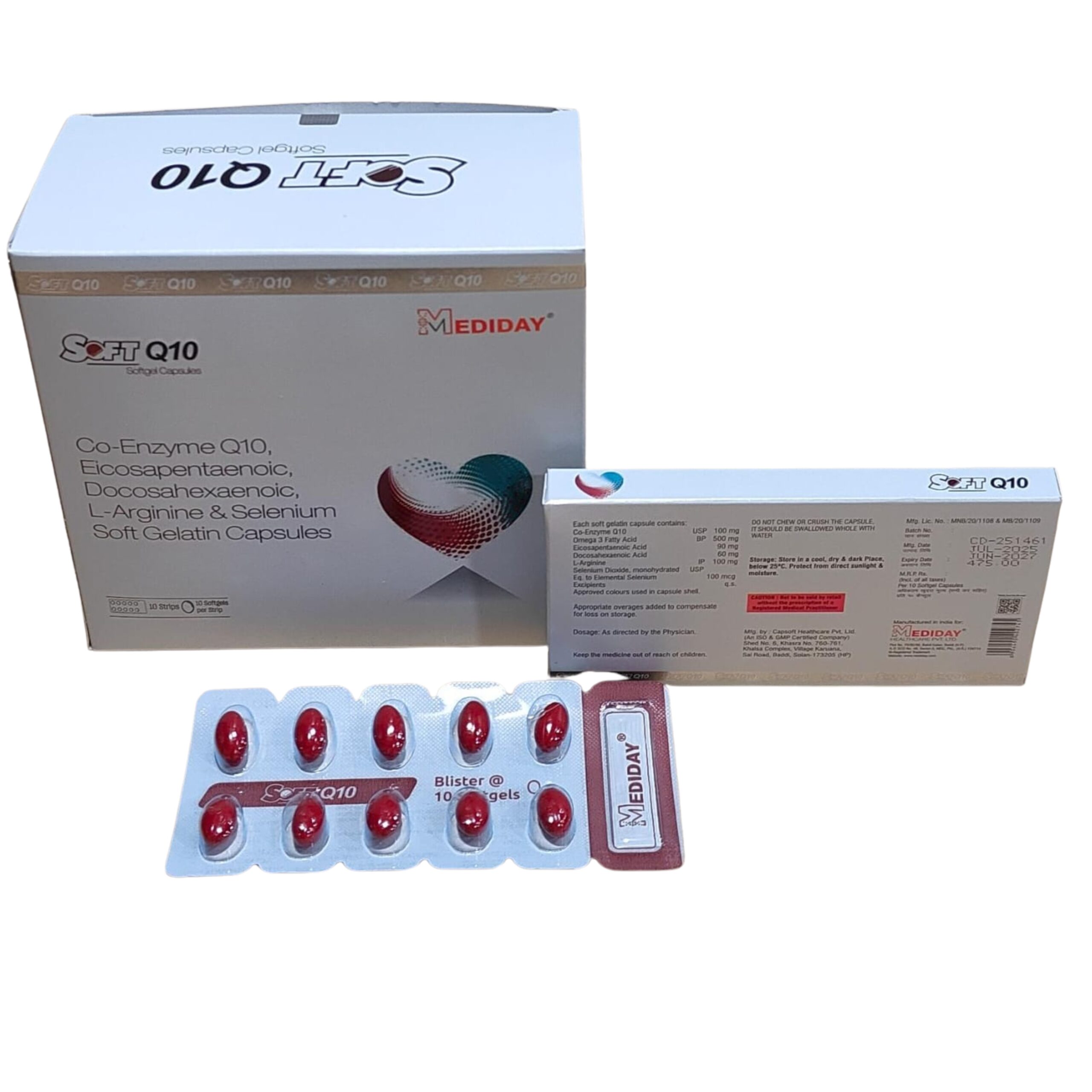 SOFT Q10 Softgelatin - Coenzyme Q 10, Eicosapentaenoic, DocosahexAenoic, L Arginine, Selenium etc