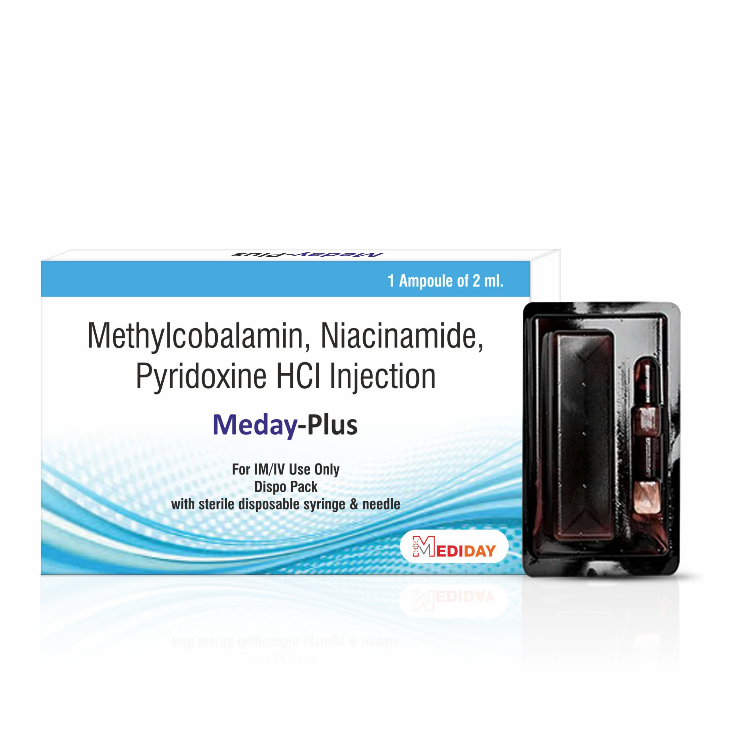 MEDAY-PLUS Injectable - Methylcobalamin, Nicotinamide, PyridoxIne Hcl, Thaimine, D-Panthenol 50 (Dispo Pack)