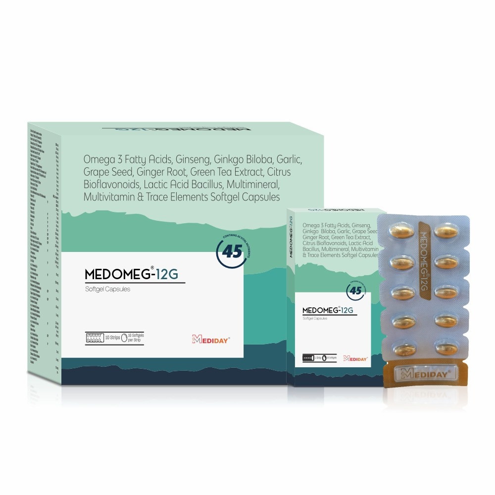 MEDOMEG-12G - Omega 3 Fatty Acids, Ginseng, Ginkgo Biloba, Garlic, Grape Seed, Ginger Root, Green Tea Extract